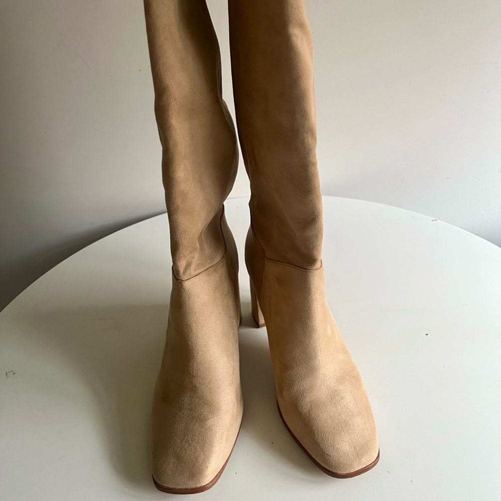 Express Faux Suede Knee High Boots Tan Nude Square Toe Block Heel Size 10
